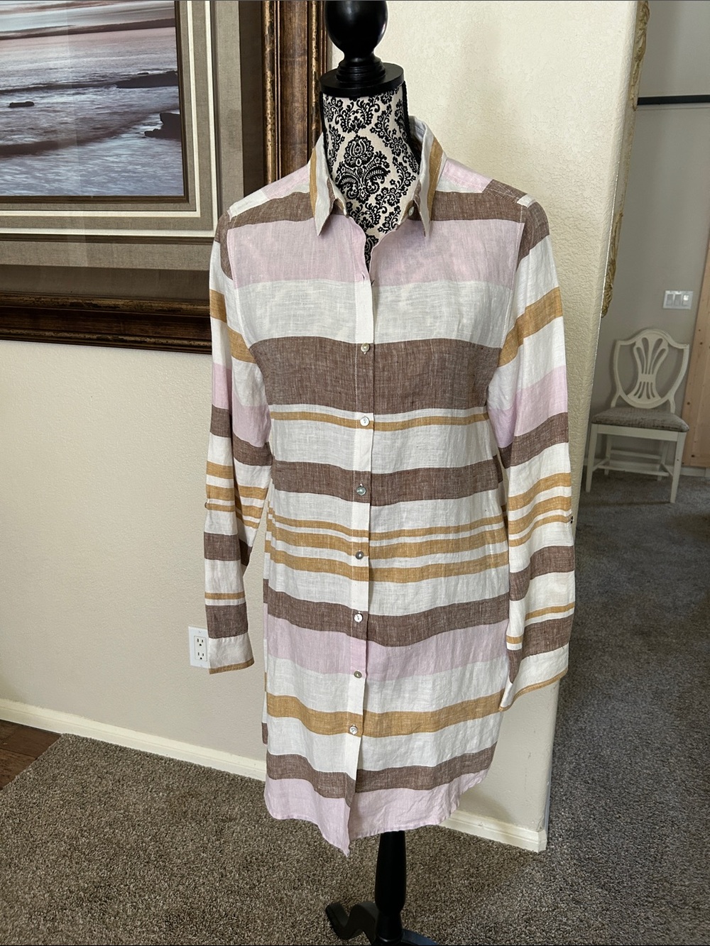 Rachel Zoe Striped Button-Up Shirt/Dress — Pink, Brown, White, Mustard